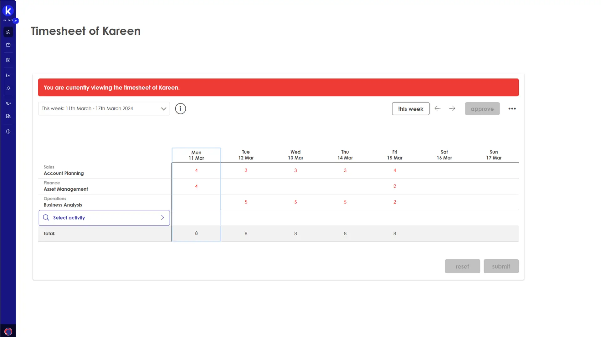 Kiplot Timesheet of Kareen for the week of 11th March 2024