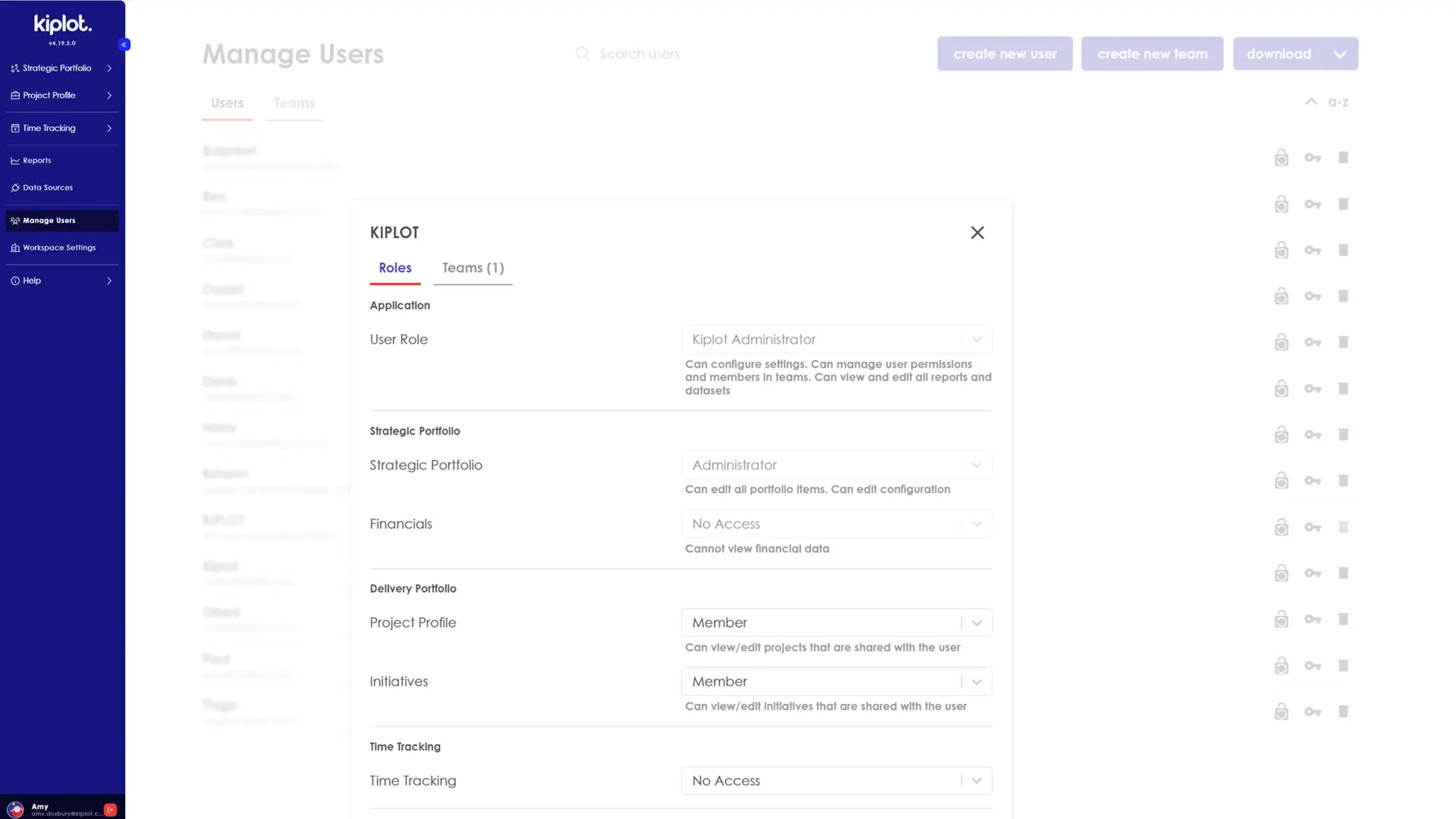 Kiplot Manage Users screen showing user permissions settings.