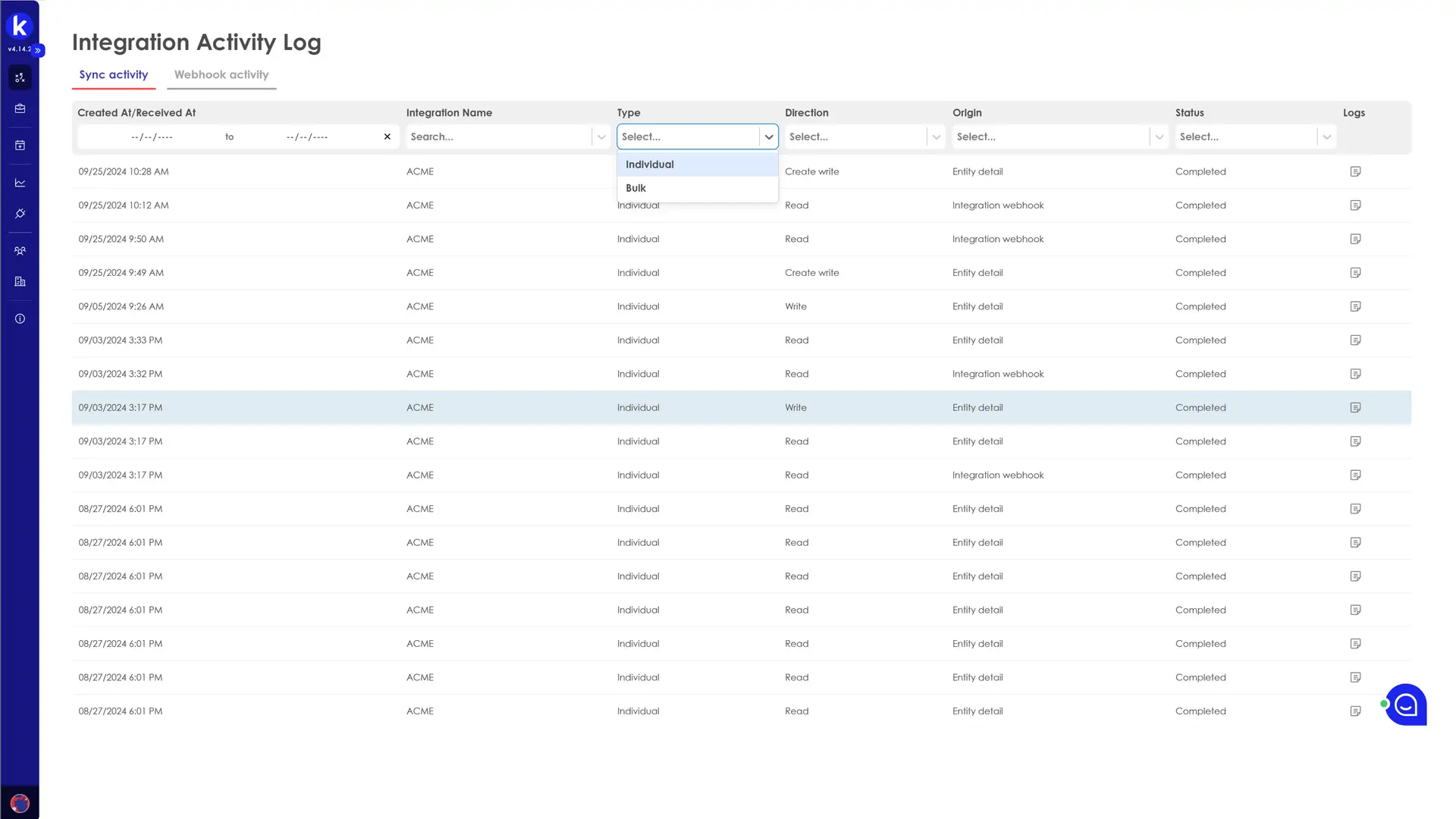 Kiplot Integration Activity Log page showing sync activity details.