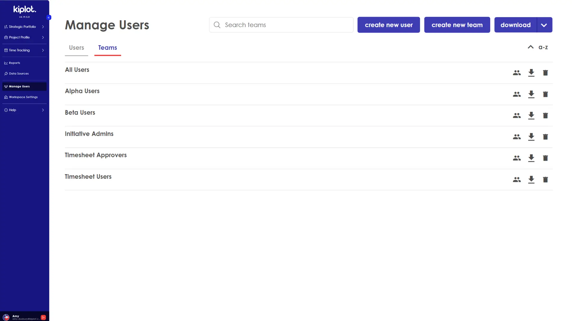 Kiplot Manage Users Teams tab interface