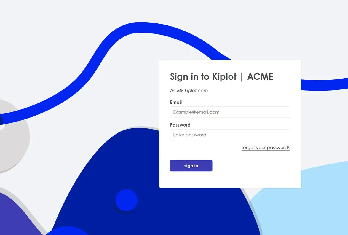 Kiplot ACME login page with email and password fields.