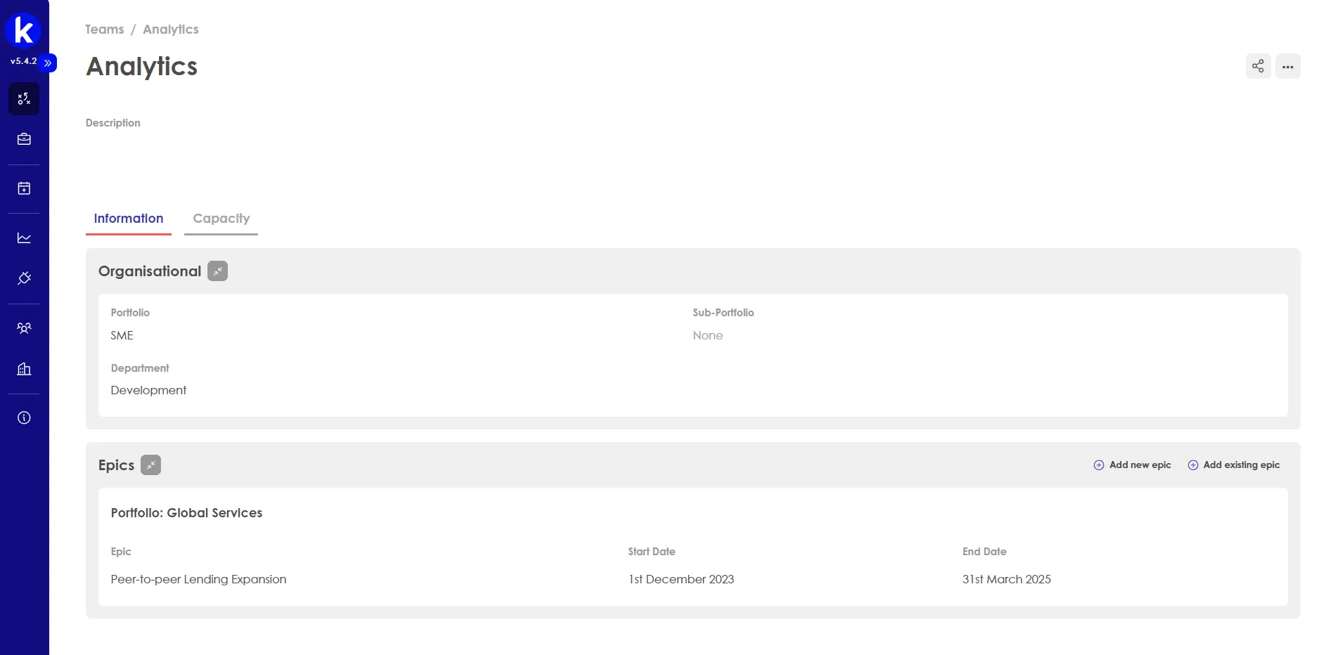 Kiplot Teams Analytics Information tab showing organizational and epic details