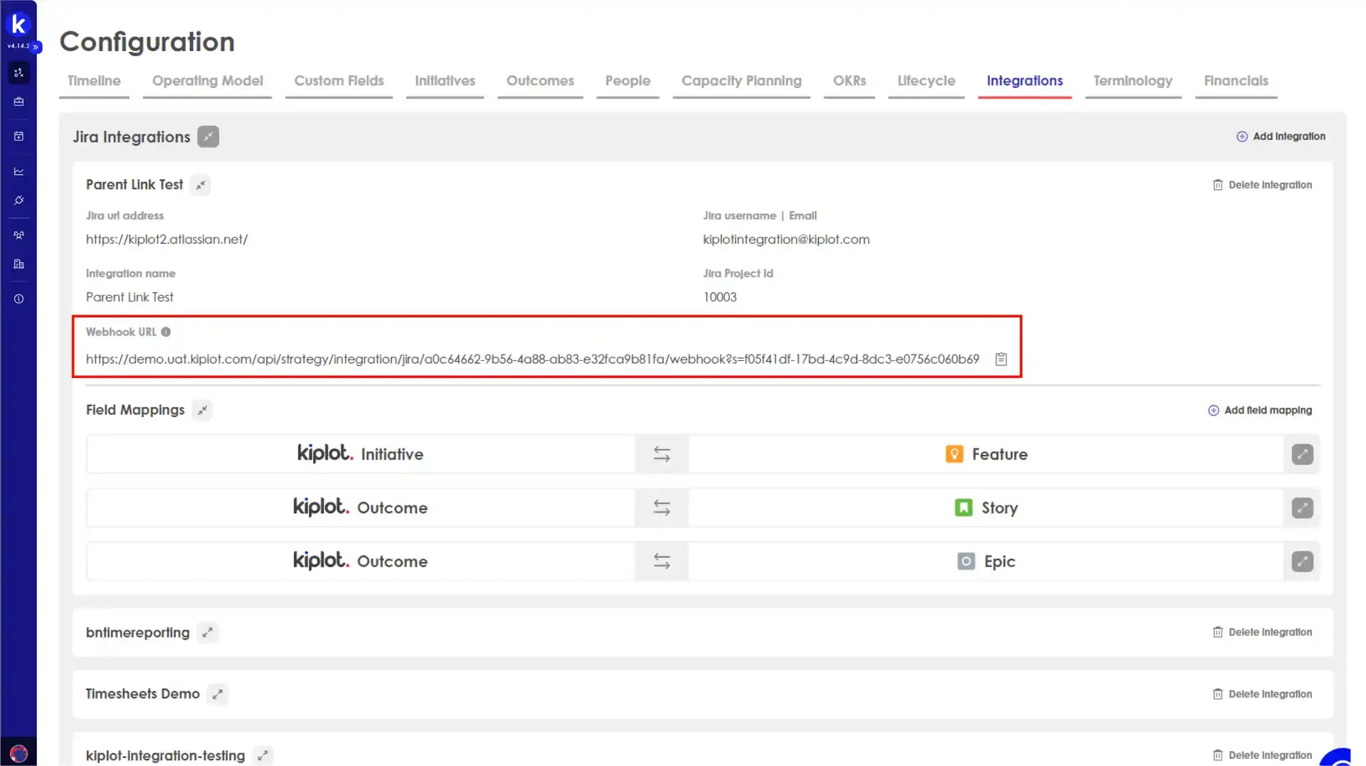 Kiplot Configuration page showing Jira integration settings and field mappings.