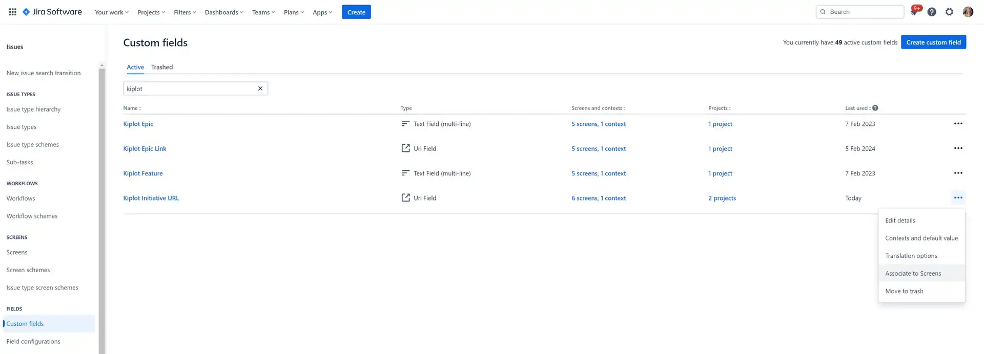 Jira Software Custom Fields page showing Kiplot integration fields