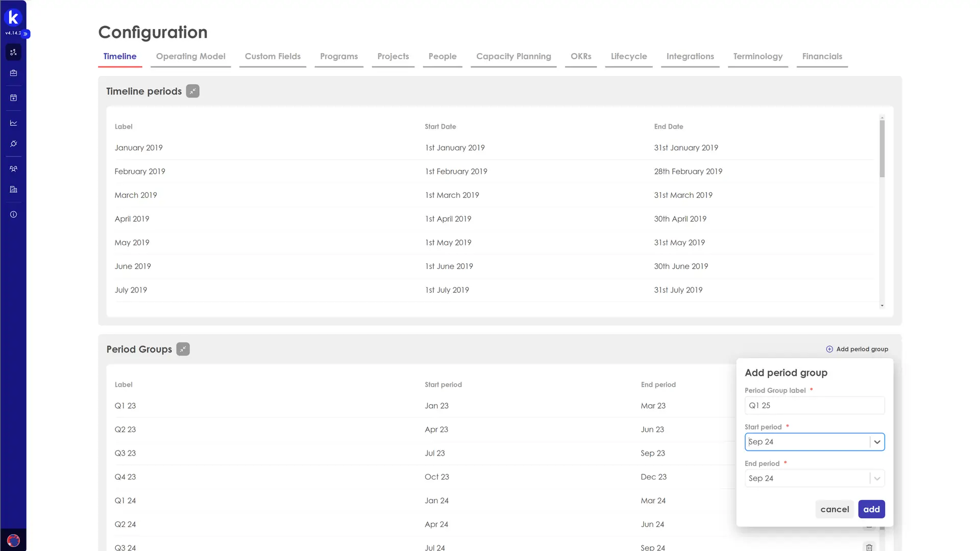 Kiplot Configuration Timeline feature showing timeline periods and period groups with an add period group pop-up.