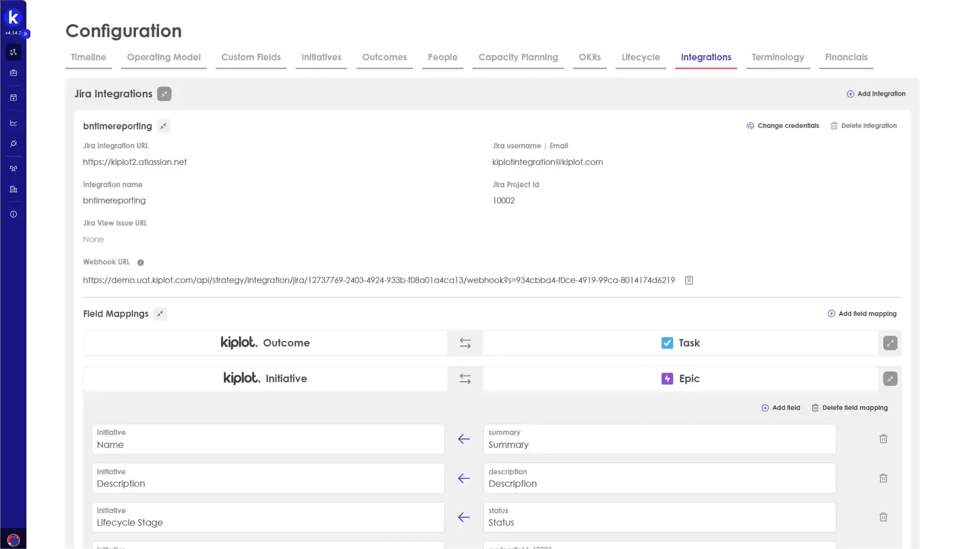 Kiplot Configuration page showing Jira Integrations setup and field mappings.